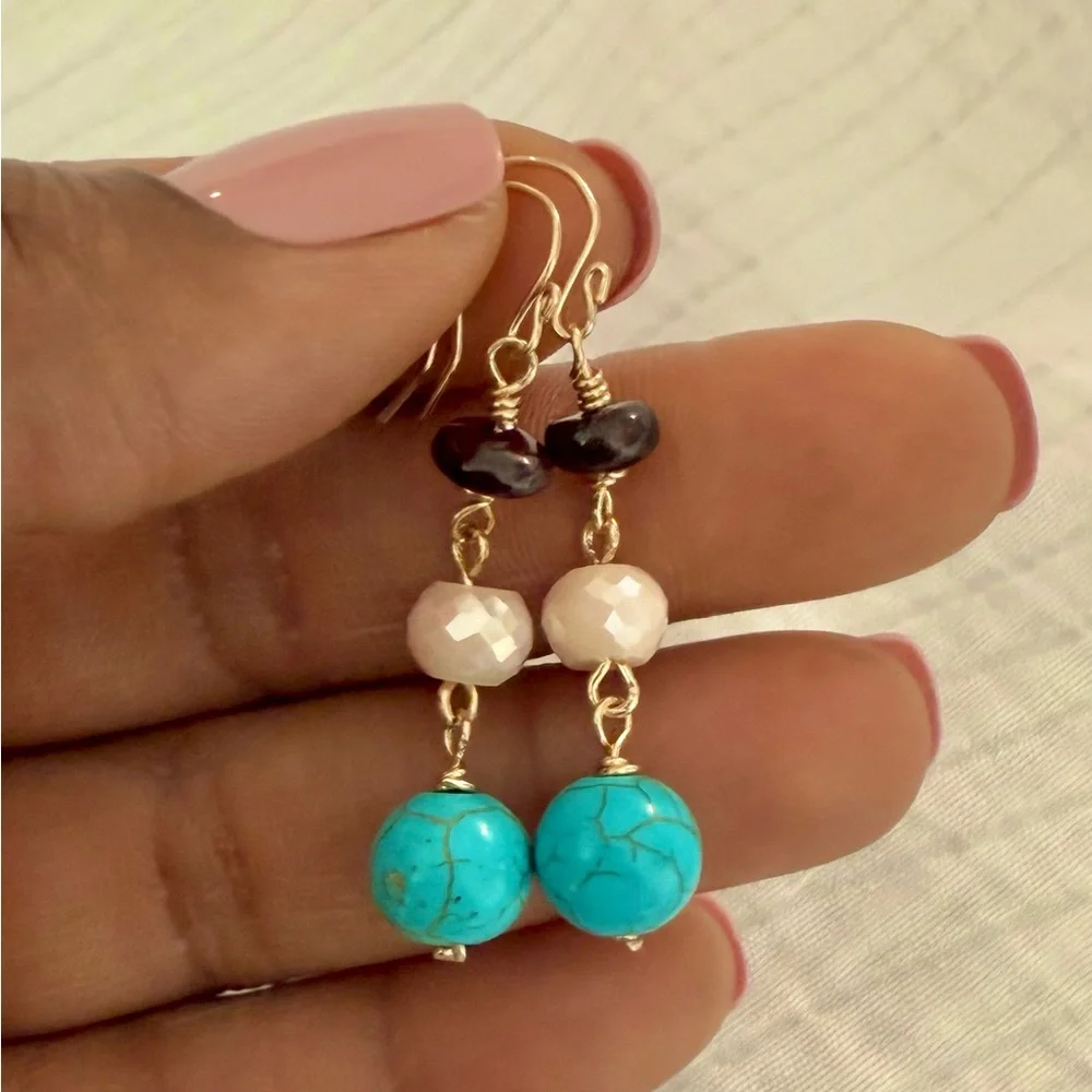 Gold-Filled Turquoise Garnet Sapphire Dangle Earrings